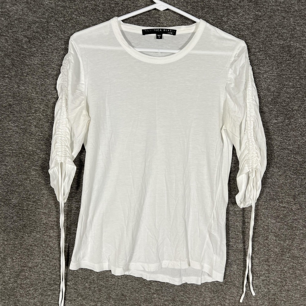 Veronica Beard Shirt Womens Small White Ruched 3/4 Sleeve Pima Cotton Tee Top